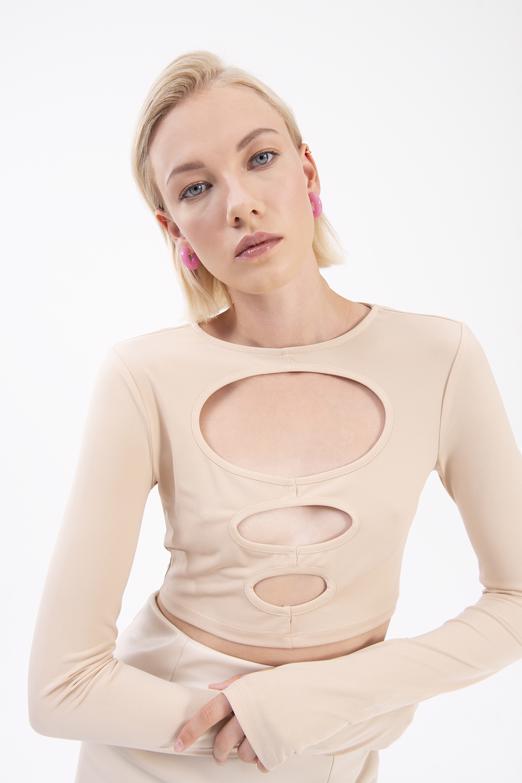 Bayan Bej Pencere Detaylı Crop Body - BSL