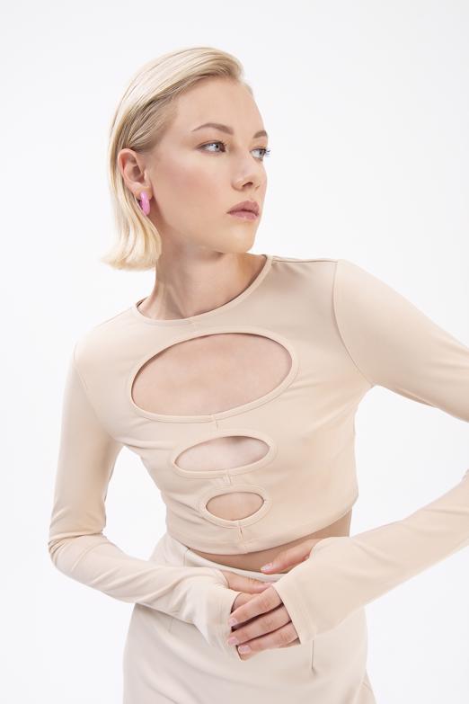 Bayan Bej Pencere Detaylı Crop Body - BSL