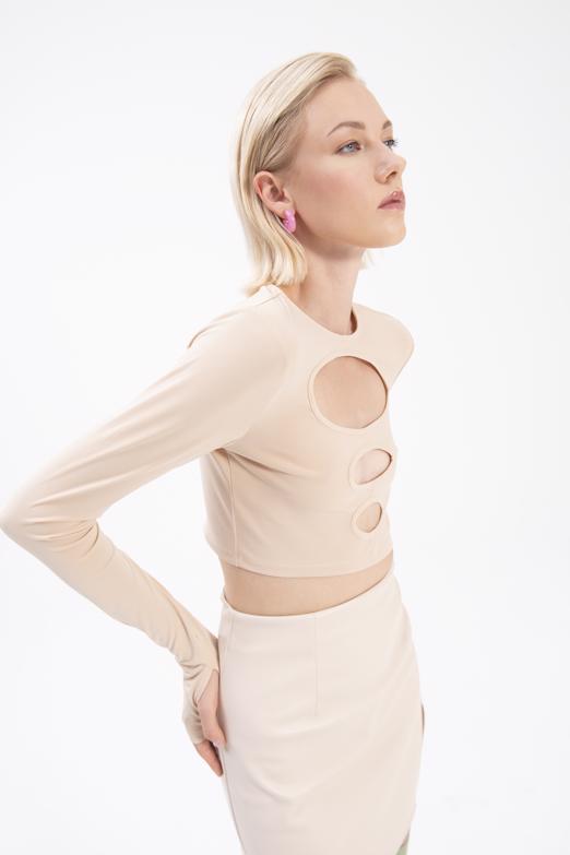 Bayan Bej Pencere Detaylı Crop Body - BSL