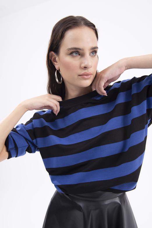 Bayan Sax Çizgili Basic Sweatshirt - BSL