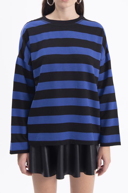 Bayan Sax Çizgili Basic Sweatshirt - BSL