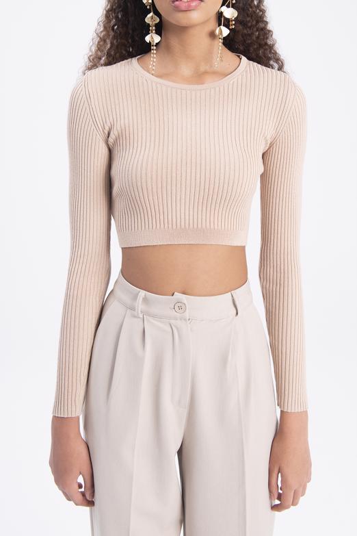 Bayan Bej Sırt Çapraz Bağlamalı Crop Triko Top - BSL