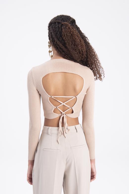 Bayan Bej Sırt Çapraz Bağlamalı Crop Triko Top - BSL