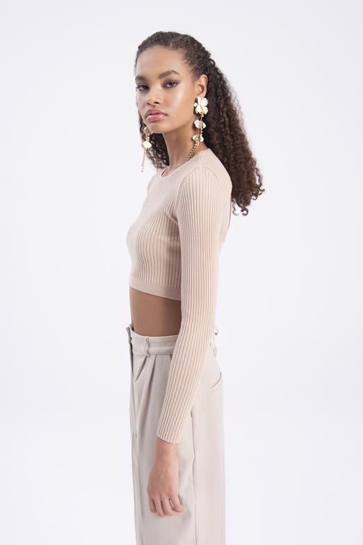 Bayan Bej Sırt Çapraz Bağlamalı Crop Triko Top - BSL