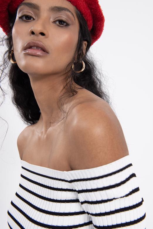 Bayan Ekru Carmen Yaka Çizgili Crop Top - BSL