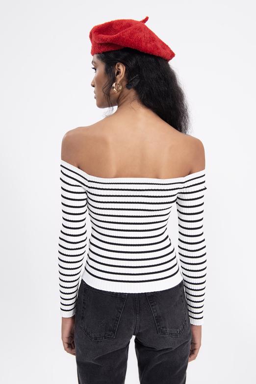 Bayan Ekru Carmen Yaka Çizgili Crop Top - BSL