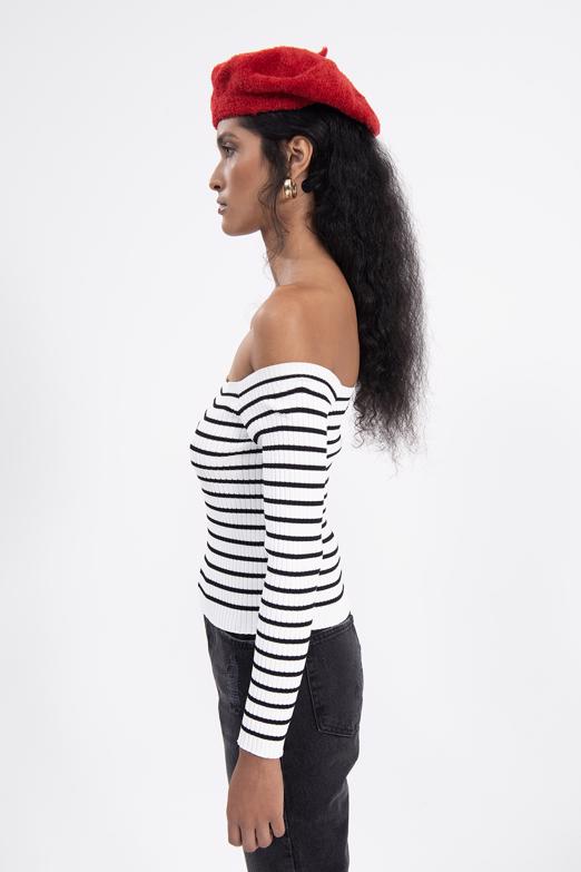 Bayan Ekru Carmen Yaka Çizgili Crop Top - BSL