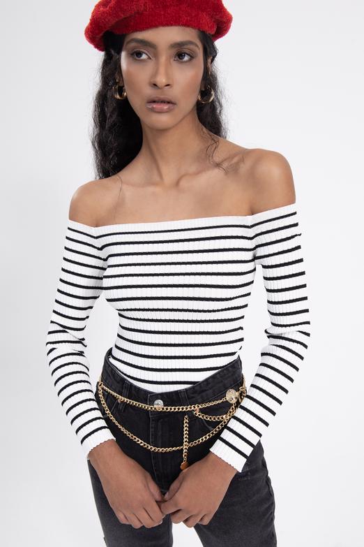 Bayan Ekru Carmen Yaka Çizgili Crop Top - BSL