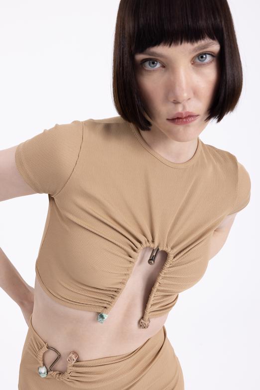 Bayan Camel Metal Aksesuar Crop Top - BSL