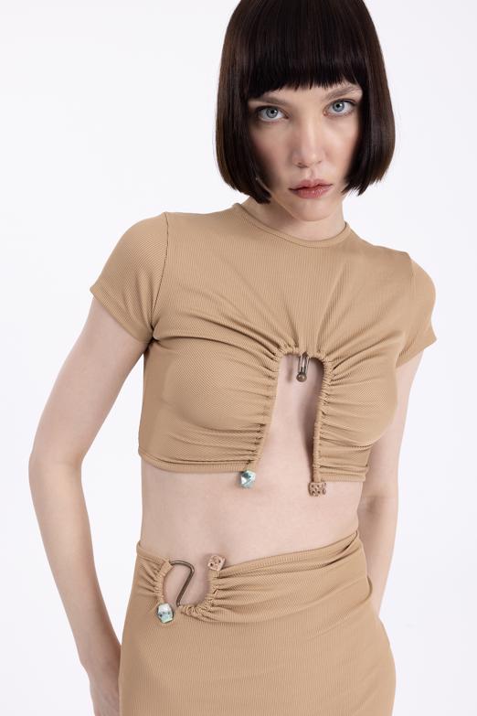 Bayan Camel Metal Aksesuar Crop Top - BSL
