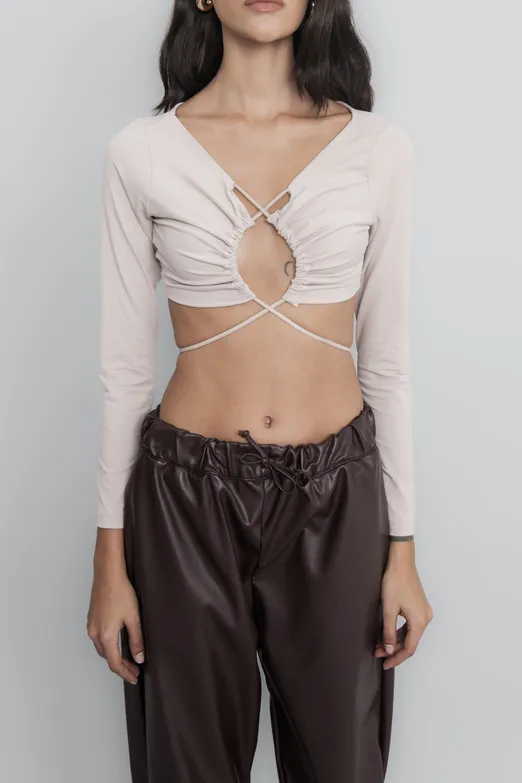 Bayan Bej Bağlamalı Crop Top - BSL