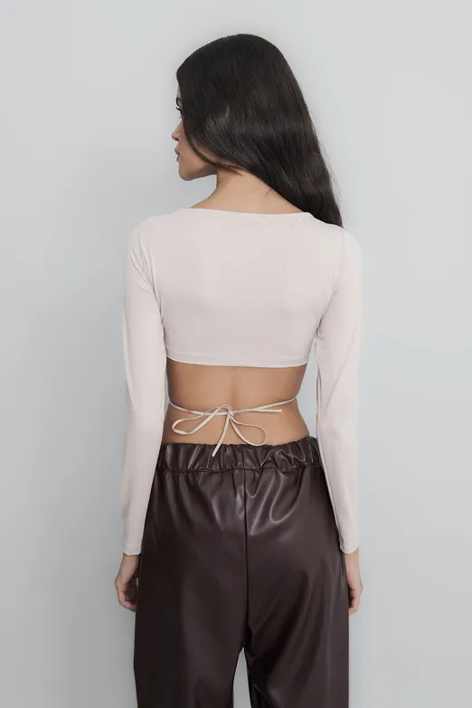 Bayan Bej Bağlamalı Crop Top - BSL