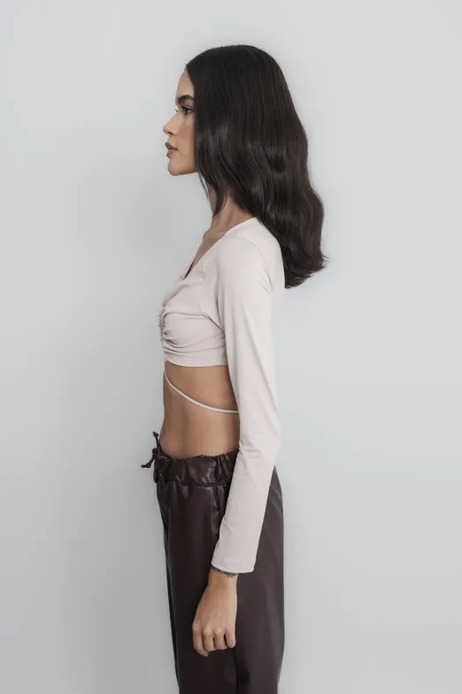 Bayan Bej Bağlamalı Crop Top - BSL