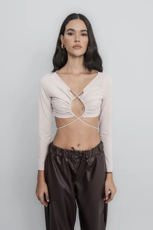 Bayan Bej Bağlamalı Crop Top - BSL