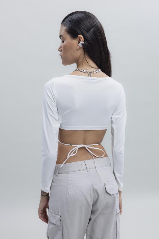 Bayan Ekru Bağlamalı Crop Top - BSL