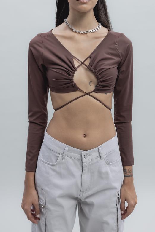 Bayan Kahverengi Bağlamalı Crop Top - BSL
