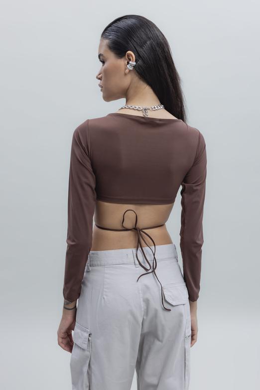 Bayan Kahverengi Bağlamalı Crop Top - BSL