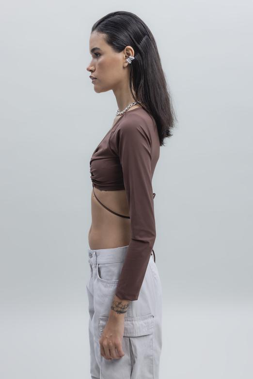 Bayan Kahverengi Bağlamalı Crop Top - BSL