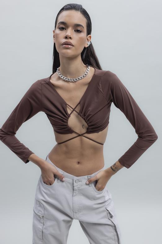 Bayan Kahverengi Bağlamalı Crop Top - BSL