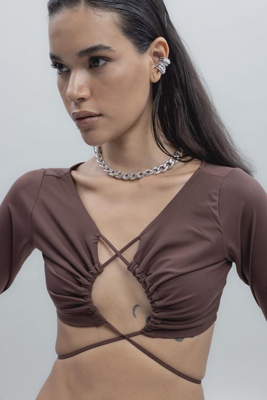 Bayan Kahverengi Bağlamalı Crop Top - BSL