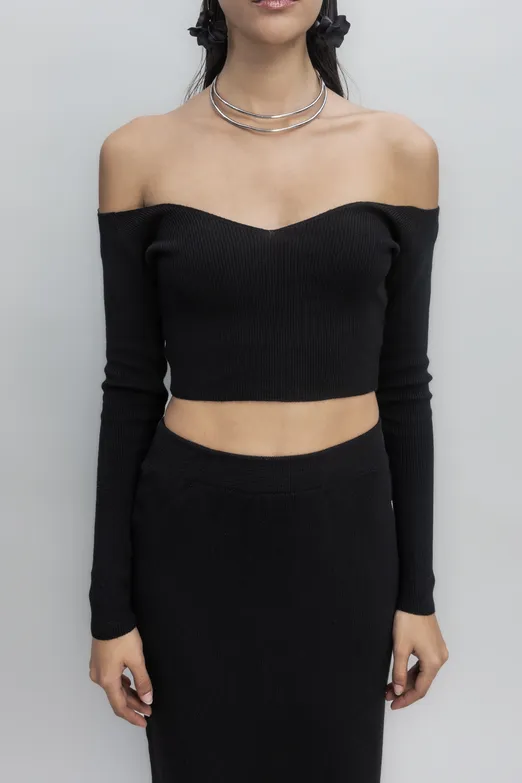 Bayan Siyah Triko Carmen Yaka Crop Top - BSL