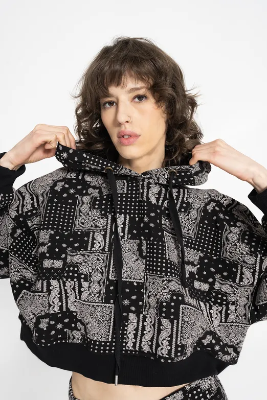 Bayan Siyah Kapüşonlu Desenli Şardonlu Sweatshirt - BSL