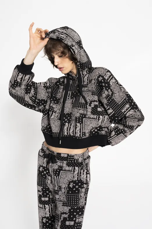 Bayan Siyah Kapüşonlu Desenli Şardonlu Sweatshirt - BSL