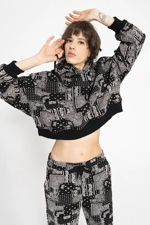 Bayan Siyah Kapüşonlu Desenli Şardonlu Sweatshirt - BSL