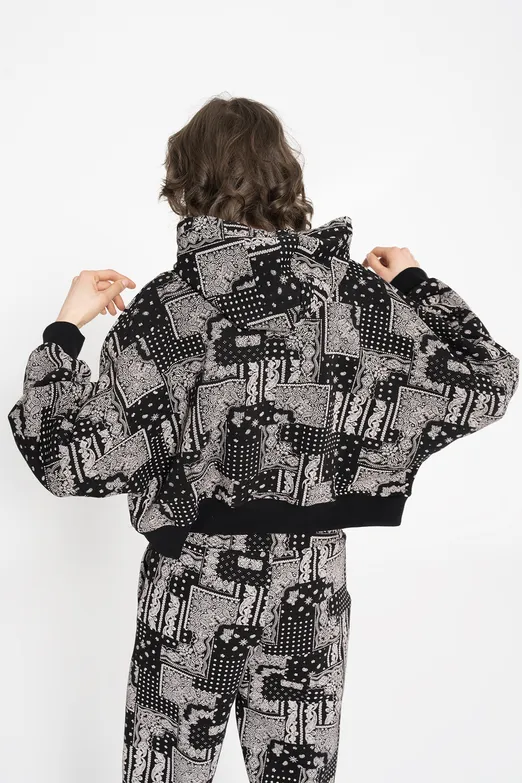 Bayan Siyah Kapüşonlu Desenli Şardonlu Sweatshirt - BSL