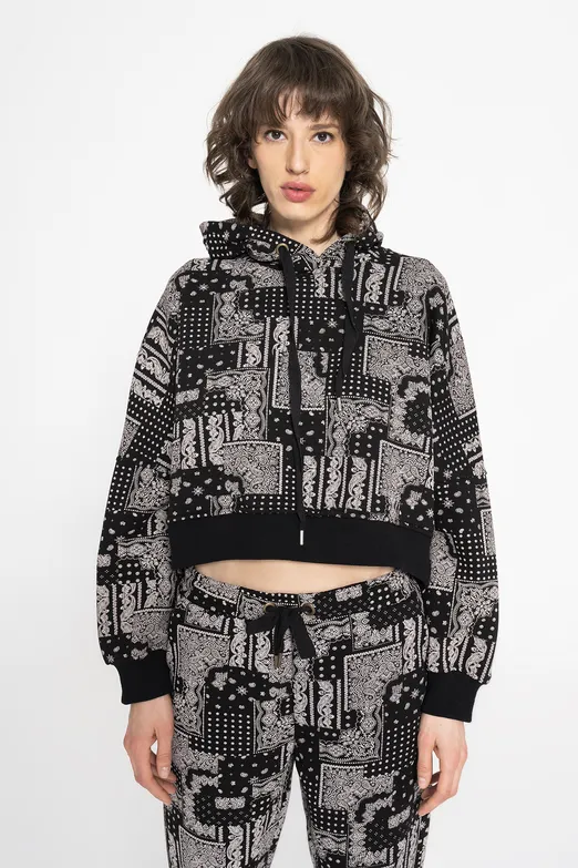 Bayan Siyah Kapüşonlu Desenli Şardonlu Sweatshirt - BSL