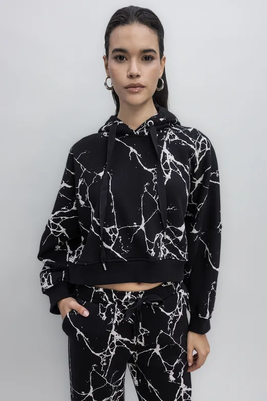 Bayan Siyah Kapüşonlu Desenli Şardonlu Sweatshirt - BSL