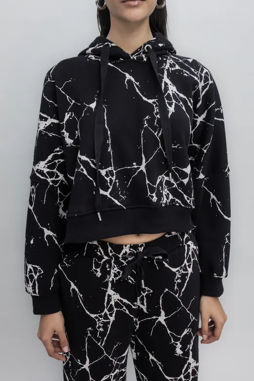 Bayan Siyah Kapüşonlu Desenli Şardonlu Sweatshirt - BSL