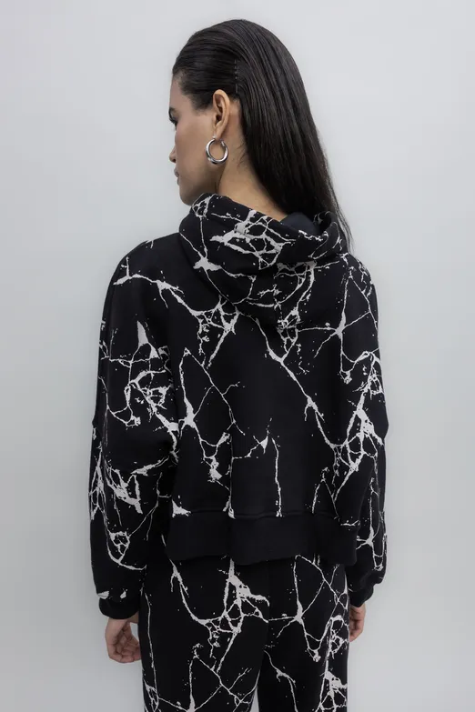 Bayan Siyah Kapüşonlu Desenli Şardonlu Sweatshirt - BSL