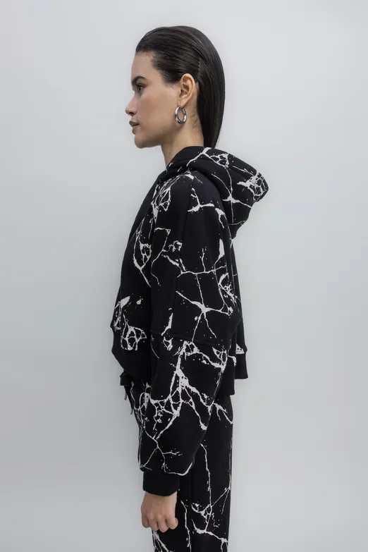 Bayan Siyah Kapüşonlu Desenli Şardonlu Sweatshirt - BSL