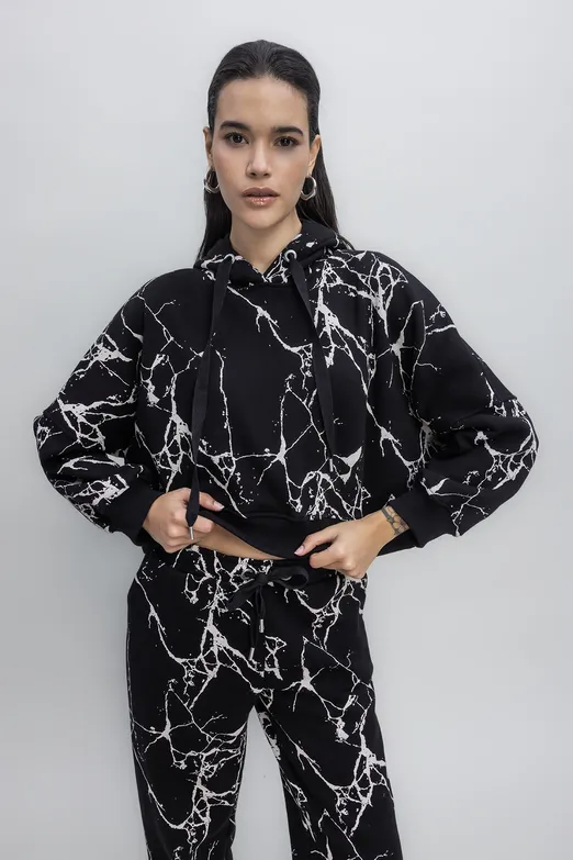 Bayan Siyah Kapüşonlu Desenli Şardonlu Sweatshirt - BSL