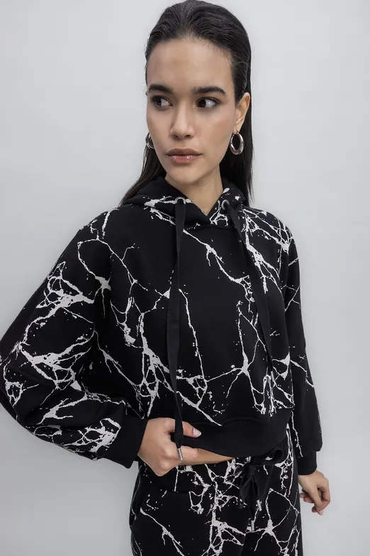 Bayan Siyah Kapüşonlu Desenli Şardonlu Sweatshirt - BSL