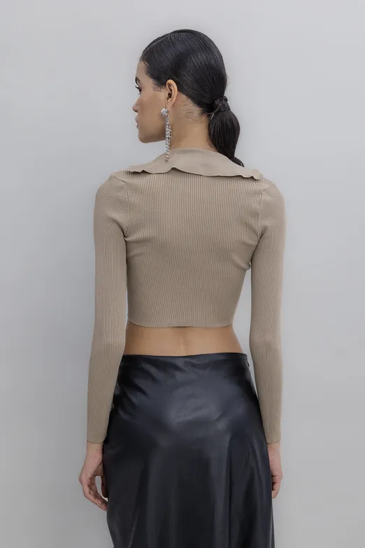 Bayan Bej Yakalı Crop Top - BSL