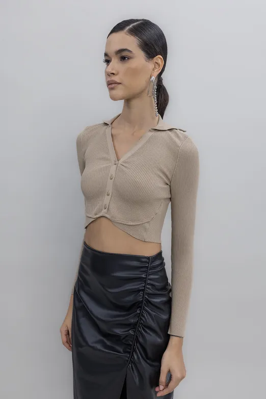 Bayan Bej Yakalı Crop Top - BSL