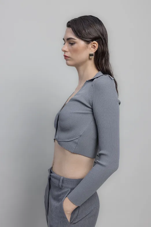 Bayan Gri Yakalı Crop Top - BSL