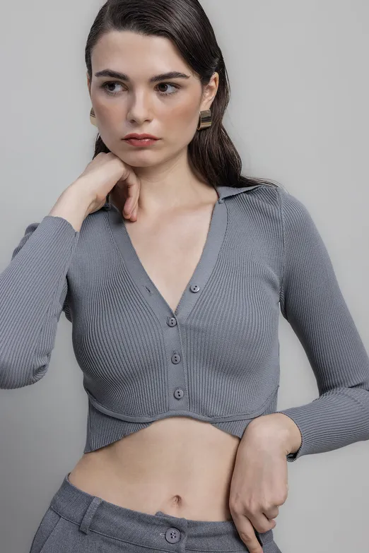 Bayan Gri Yakalı Crop Top - BSL