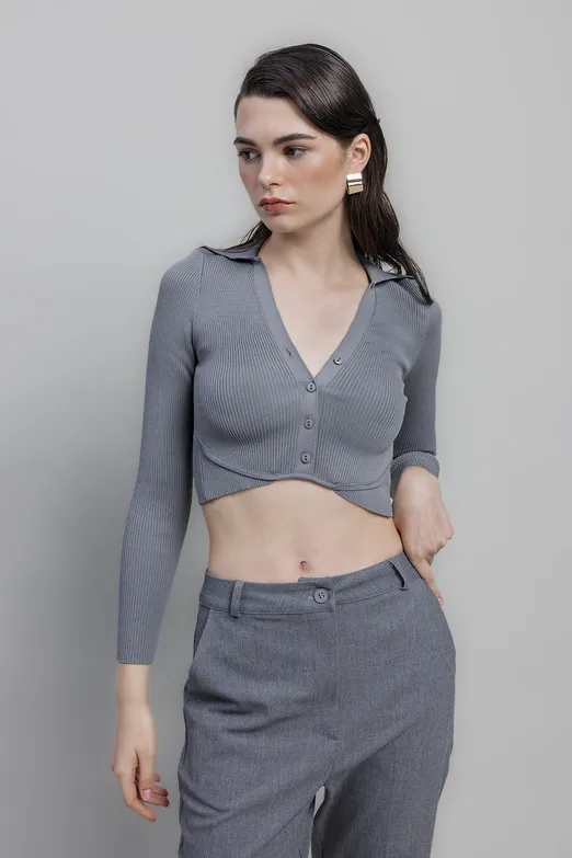 Bayan Gri Yakalı Crop Top - BSL