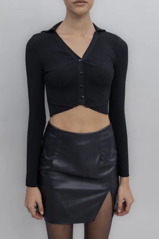Bayan Siyah Yakalı Crop Top - BSL