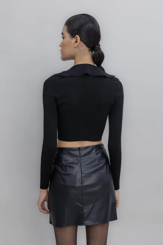 Bayan Siyah Yakalı Crop Top - BSL