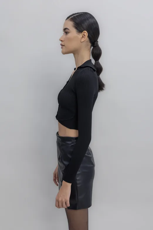 Bayan Siyah Yakalı Crop Top - BSL