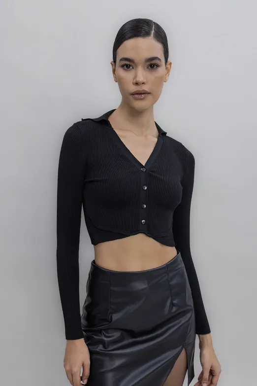Bayan Siyah Yakalı Crop Top - BSL