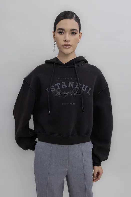 Bayan Kahverengi Kapüşon Baskı Detaylı Şardonlu Sweatshirt - BSL