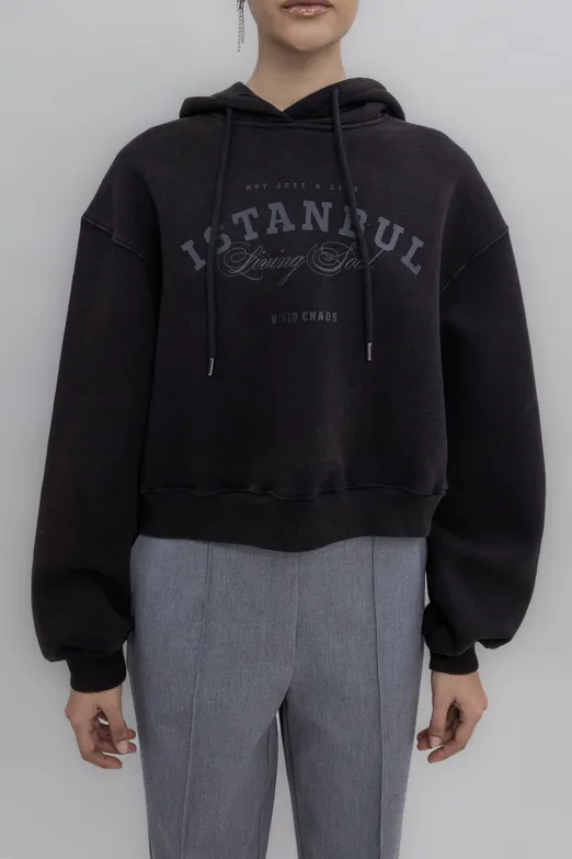 Bayan Kahverengi Kapüşon Baskı Detaylı Şardonlu Sweatshirt - BSL