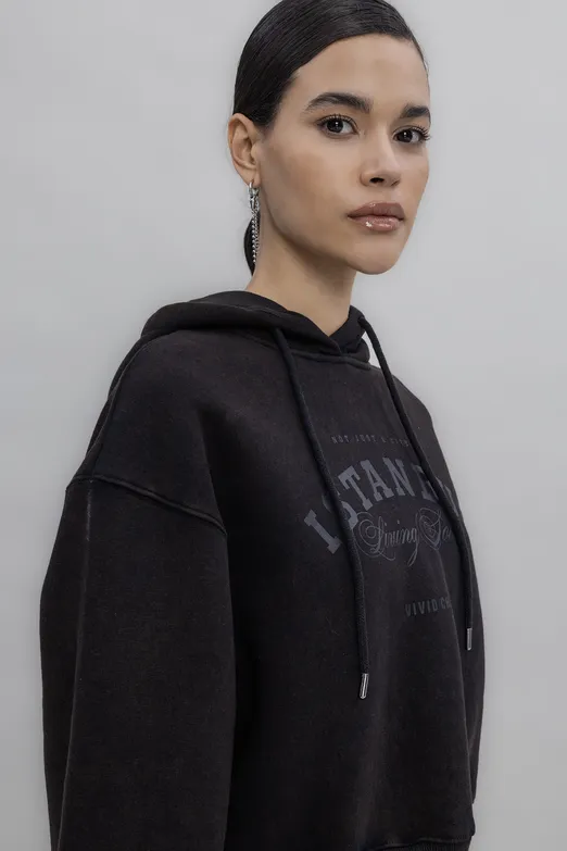 Bayan Kahverengi Kapüşon Baskı Detaylı Şardonlu Sweatshirt - BSL