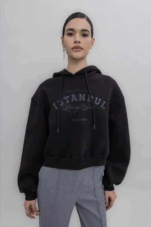 Bayan Kahverengi Kapüşon Baskı Detaylı Şardonlu Sweatshirt - BSL