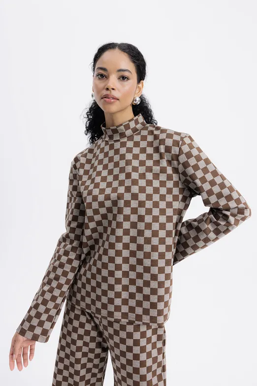 Bayan Kahverengi Dik Yakalı Bluz - BSL